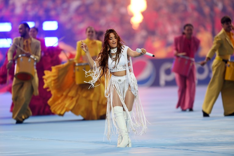 PARIS, FRANCE - MAY 28: Camila Cabello performs during the Champions League Opening Ceremony prior to the UEFA Champions League final match between Liverpool FC and Real Madrid at Stade de France on May 28, 2022 in Paris, France. (Photo by Shaun Botterill/Getty Images)