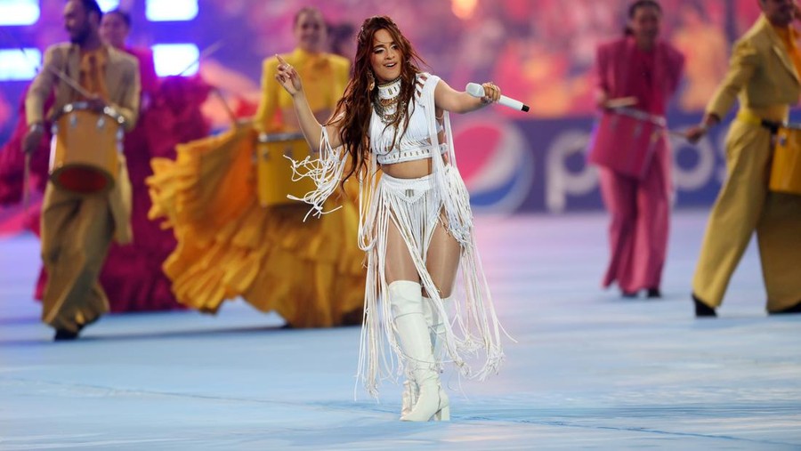 PARIS, FRANCE - MAY 28: Camila Cabello performs during the Champions League Opening Ceremony prior to the UEFA Champions League final match between Liverpool FC and Real Madrid at Stade de France on May 28, 2022 in Paris, France. (Photo by Shaun Botterill/Getty Images)