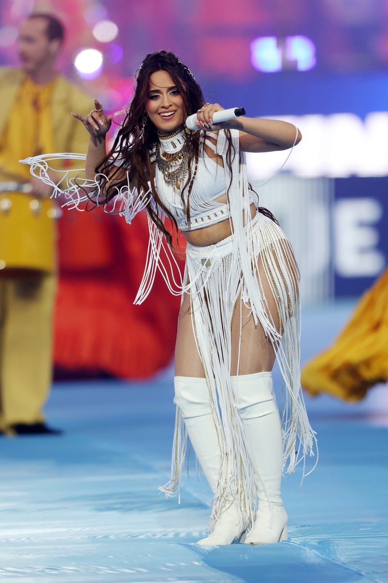 PARIS, FRANCE - MAY 28: Camila Cabello performs in the pre-match show prior to the UEFA Champions League final match between Liverpool FC and Real Madrid at Stade de France on May 28, 2022 in Paris, France. (Photo by Alexander Hassenstein - UEFA/UEFA via Getty Images)