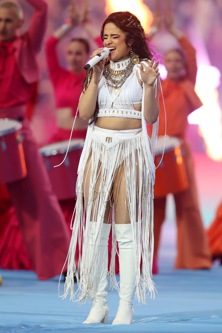 Camila Cabello PARIS, FRANCE - MAY 28: Camila Cabello performs during the Champions League Opening Ceremony prior to kick off of the UEFA Champions League final match between Liverpool FC and Real Madrid at Stade de France on May 28, 2022 in Paris, France. (Photo by Julian Finney/Getty Images)