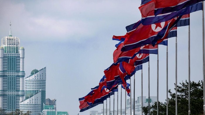 North Korean flags at the Kumsusan Palace of the Sun where the embalmed bodies of Kim Il-sung and Kim Jong-il are displayed. Photo taken in Pyongyang, North Korea on April 15 2018.  (Photo by Simon Holmes/NurPhoto via Getty Images)