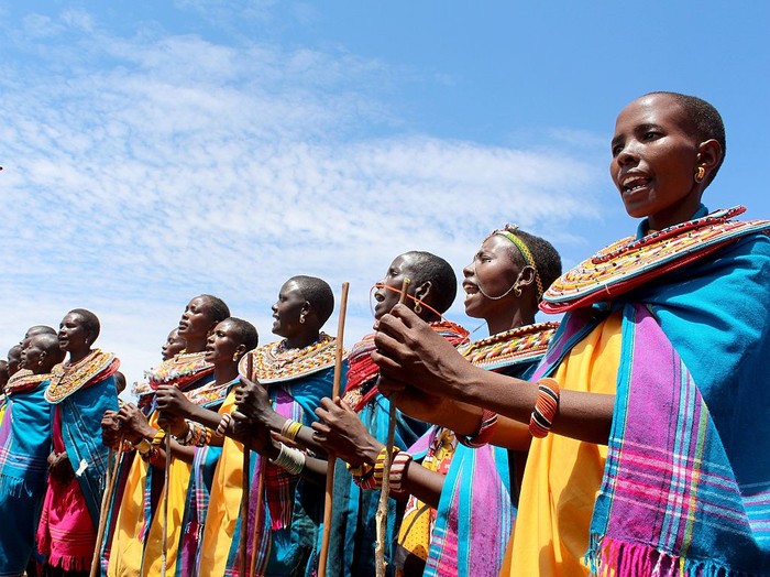 SAMBURU, KENYA - SEPTEMBER 18 :  Women of the Umoja Village are seen in Samburu county some 350 km north of the capital, Nairobi on September 18, 2015. The village where men are banned was founded by Rebecca Lolosoli and 14 other women in 1990 and started out as a refuge for victims of sexual abuse and violence. (Photo by Magdalene Mukami/Anadolu Agency/Getty Images)