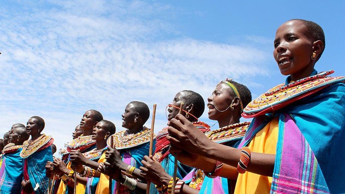 SAMBURU, KENYA - SEPTEMBER 18 : Women of the Umoja Village are seen in Samburu county some 350 km north of the capital, Nairobi on September 18, 2015. The village where men are banned was founded by Rebecca Lolosoli and 14 other women in 1990 and started out as a refuge for victims of sexual abuse and violence. (Photo by Magdalene Mukami/Anadolu Agency/Getty Images)