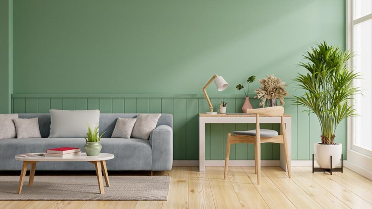Ilustrasi Warna Hijau dan Cokelat Interior mockup green wall with blue sofa and work table set in living room.3D rendering
