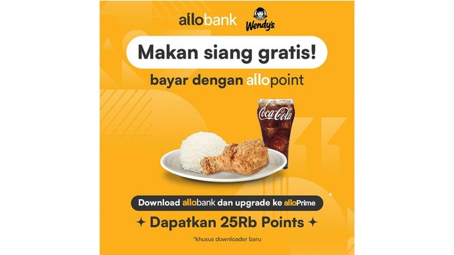 Pengguna baru Allo Bank bisa mendapatkan makan siang gratis di Wendy's hanya dengan upgrade akun ke Allo Prime.
