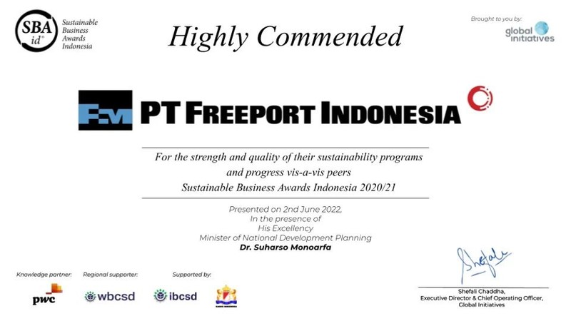 PT Freeport Indonesia (PTFI) menerima penghargaan Sustainable Business Awards (SBA) untuk kategori Highly Commended pada 2 Juni yang lalu.