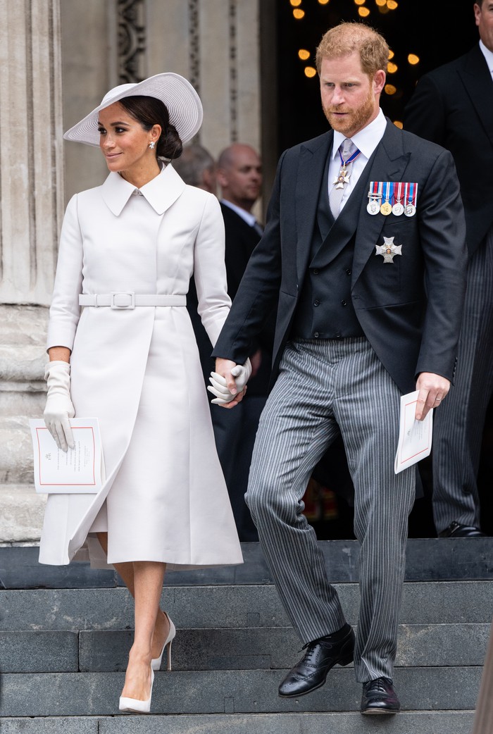 LONDON, ENGLAND - JUNE 03: Meghan, Duchess of Sussex and Prince Harry, Duke of Sussex attend the National Service of Thanksgiving at St Paul's Cathedral on June 03, 2022 in London, England. The Platinum Jubilee of Elizabeth II is being celebrated from June 2 to June 5, 2022, in the UK and Commonwealth to mark the 70th anniversary of the accession of Queen Elizabeth II on 6 February 1952.  on June 03, 2022 in London, England. The Platinum Jubilee of Elizabeth II is being celebrated from June 2 to June 5, 2022, in the UK and Commonwealth to mark the 70th anniversary of the accession of Queen Elizabeth II on 6 February 1952. (Photo by Samir Hussein/WireImage,)
