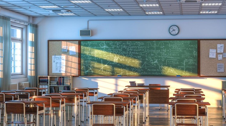 ilustrasi sekolah interior of a school classroom with wooden desks and chairs. nobody around. 3d render