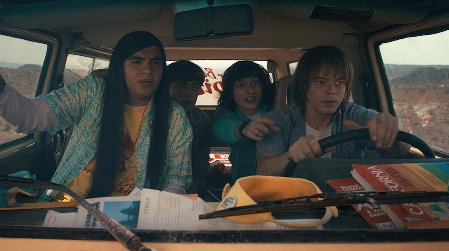 STRANGER THINGS. (L to R) Eduardo Franco as Argyle, Noah Schnapp as Will Byers, Finn Wolfhard as Mike Wheeler, and Charlie Heaton as Jonathan Byers in STRANGER THINGS. Cr. Courtesy of Netflix © 2022