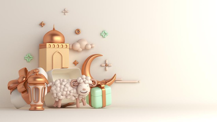 Eid al adha islamic decoration background with goat sheep arabic lantern crescent&comma; gift box&comma; ramadan kareem&comma; mawlid&comma; iftar&comma; isra miraj&comma; eid al fitr&comma; muharram&comma; copy space text area&comma; 3D illustration&period;