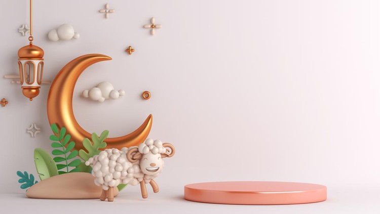 Ilustrasi Idul Adha Eid al adha islamic decoration display podium background with goat sheep arabic crescent lantern, ramadan kareem, mawlid, iftar, isra miraj, eid al fitr, muharram, copy space text, 3D illustration