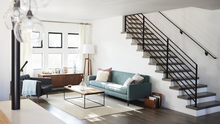 Ilustrasi Tangga Rumah Sempit Interior View Of Contemporary Lounge With Staircase
