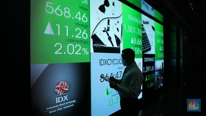 Karyawan melintas di depan layar digital pergerakan Indeks Harga Saham Gabungan (IHSG) di Bursa Efek Indonesia, Jakarta, Selasa (5/7/2022). (CNBC Indonesia/ Tri Susilo)