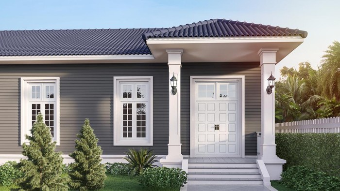 Front house entrance 3d render there are white door,gray plank wall and blue roof tile with beautiful green garden