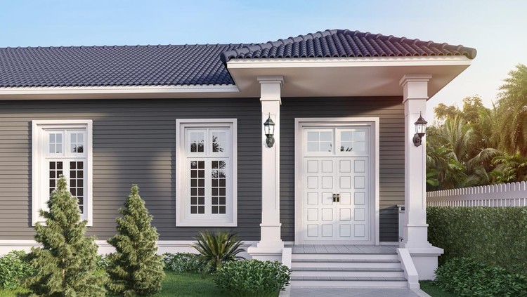 Front house entrance 3d render there are white door,gray plank wall and blue roof tile with beautiful green garden