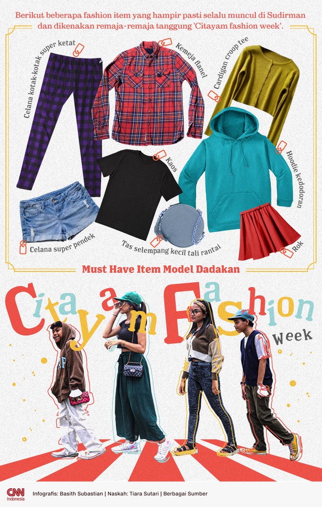 Berikut beberapa fashion item yang hampir pasti selalu muncul di Sudirman dan dikenakan remaja-remaja tanggung 'Citayam fashion week' ;
