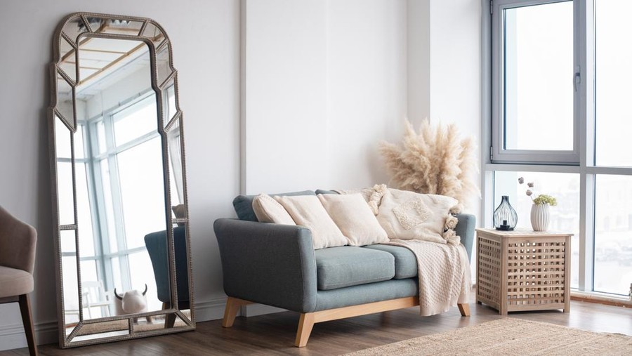 Stylish Scandinavian modern white cozy eco interior in minimalist style.Modern home decor. Open space