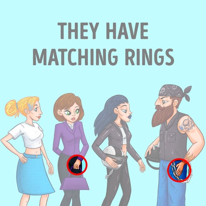 Jawabannya adalah yang tengah, karena ia memakai cincin yang sama dengan pria tersebut, yaitu berupa cincin nikah. (Foto: brightside.me)