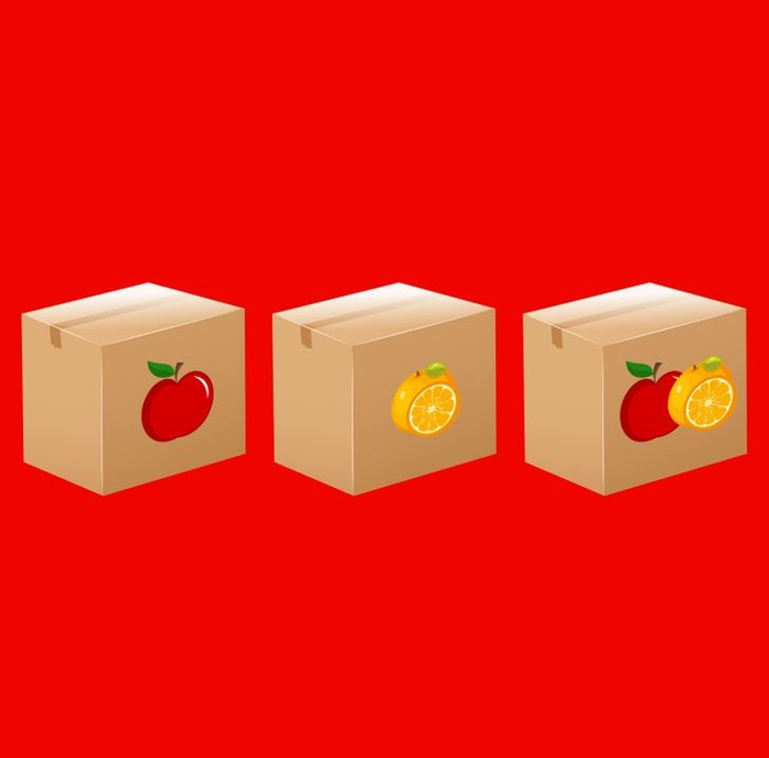 Tiga kardus berisi buah-buahan. Masing-masing kardus diberi label gambar sesuai isi, tapi sayangnya petugas salah menempel label. Bagaimana cara tahu isi tanpa membukanya? (Foto: brightside.me)