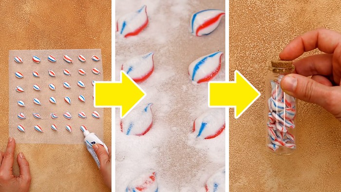 Buat pasta gigi traveling-mu sendiri. Caranya yaitu dengan membuat potongan pasta gigi di atas kertas perkamen, lalu taburi dengan baking soda, tunggu kering, dan letakkan di wadah. / Foto: brightside.me