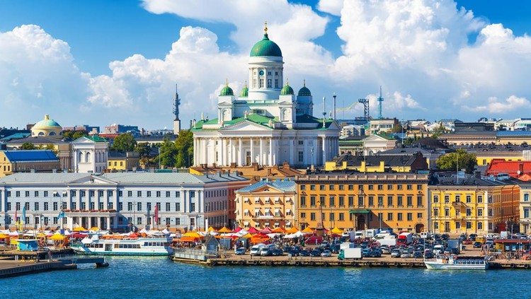 Scenic summer panorama of the Market Square (Kauppatori) at the Old Town pier in Helsinki, Finland