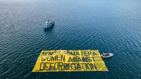 Aktivis Bentangkan Banner 'Lawan Deforestasi' di Danau Toba