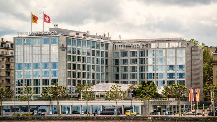 Geneva, Switzerland - May 13, 2014: President Wilson Hotel, Geneva, Switzerland, viewed from the lake