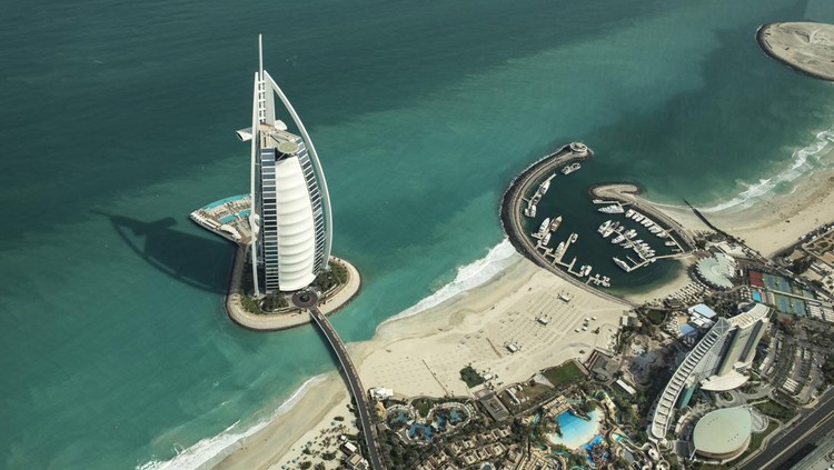 Dubai, United Arab Emirates, 18th May, 2018: aerial view of world most highly rated hotel Burj Al Arb
