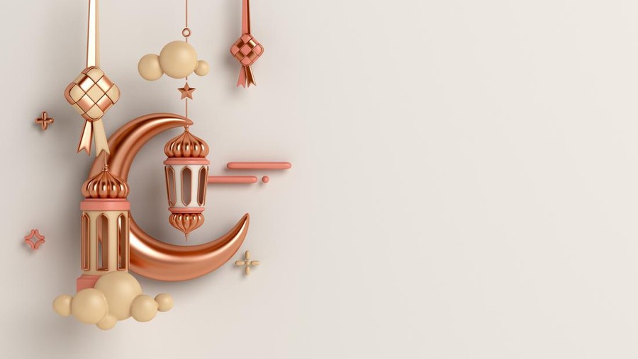 Ilustrasi Doa dan Amalan Bulan Muharram Islamic decoration background with crescent moon lantern ketupat, copy space text, ramadan kareem, mawlid, iftar, isra miraj, eid al fitr adha, muharram, 3D illustration.