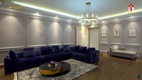 <p>Untuk ruang keluarga, Shireen menggunakan sofa warna biru nih, Bunda. Tak hanya itu, warna dindingnya pun sangat unik yakni lilac keabu-abuan. (Foto: YouTube The Sungkars)</p>