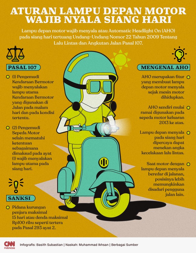 Ada sanksi tilang bagi pengendara motor yang tidak menyalakan lampu sepeda motor pada siang hari.