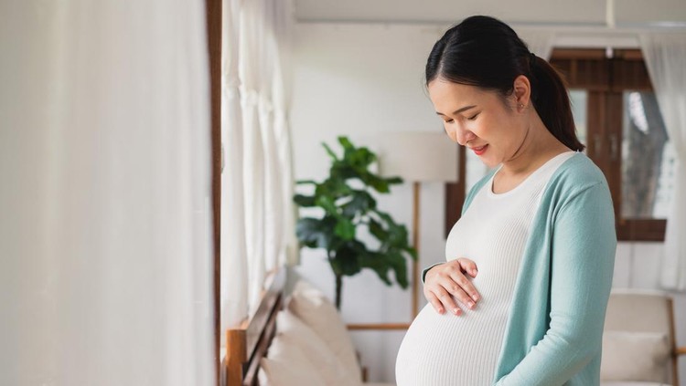Ilustrasi Menanti Kehamilan 7 Tahun Asian young pregnant woman smile with big belly at home