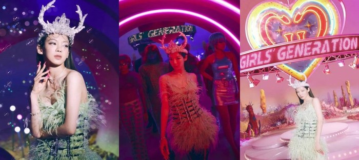 Rapper sekaligus dancer SNSD ini, tampil anggun dengan balutan busana hijau yang dilengkapi aksen bulu. Tampilan Hyeoyeon semakin memukau dengan hiasan kepala menyerupai tanduk./Foto: instagram.com/girlsgeneration