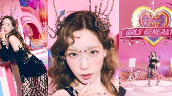 Taeyeon tampil cantik dengan balutan busana hitam, lengkap dengan aksesoris kepala berupa mahkota dan sayap di punggung layaknya seorang peri/Foto: instagram.com/girlsgeneration