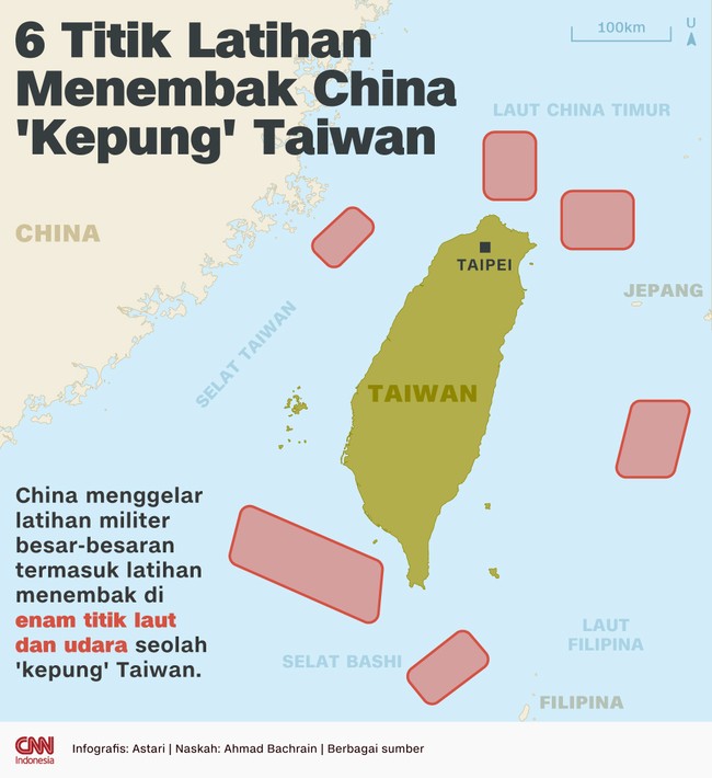 China menggelar latihan militer besar-besaran termasuk latihan menembak di enam titik laut dan udara seolah 'kepung' Taiwan.