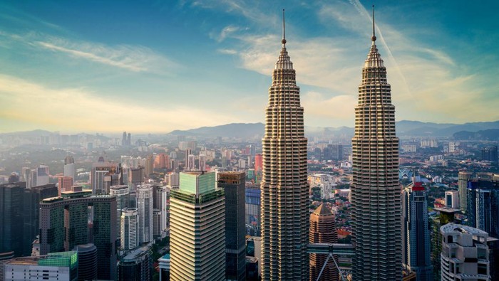 KUALA LUMPUR, MALAYSIA - Nov 11, 2019. Aerial view of Kuala Lumpur city skyline at sunset in Kuala Lumpur, Malaysia.