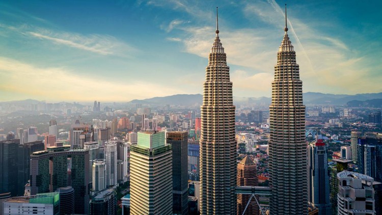 KUALA LUMPUR, MALAYSIA - Nov 11, 2019. Aerial view of Kuala Lumpur city skyline at sunset in Kuala Lumpur, Malaysia.