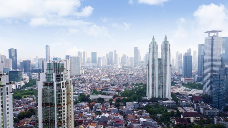 JAKARTA, Indonesia. January 27, 2018: Aerial view of Jakarta modern buildings near Semanggi CBD Area