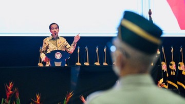 Presiden Joko Widodo dalam sambutannya saat secara resmi membuka Silaturahmi Nasional (Silatnas) Persatuan Purnawirawan TNI AD (PPAD) Tahun 2022 yang digelar di Sentul International Convention Center (SICC), Kabupaten Bogor, pada Jumat, 5 Agustus 2022. (Foto: Laily Rachev - Biro Pers Sekretariat Presiden)