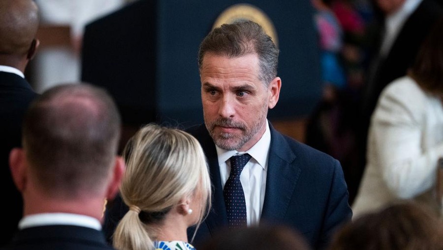 UNITED STATES - JULY 7: Hunter Biden, left, the son of President Joe Biden, his wife Melissa Cohen, and former Sen. Joe Lieberman, I-Conn., attend a ceremony to present the Presidential Medal of Freedom, the nation's highest civilian honor, to 17 recipients at the White House on Thursday, July 7, 2022. (Tom Williams/CQ-Roll Call, Inc via Getty Images)