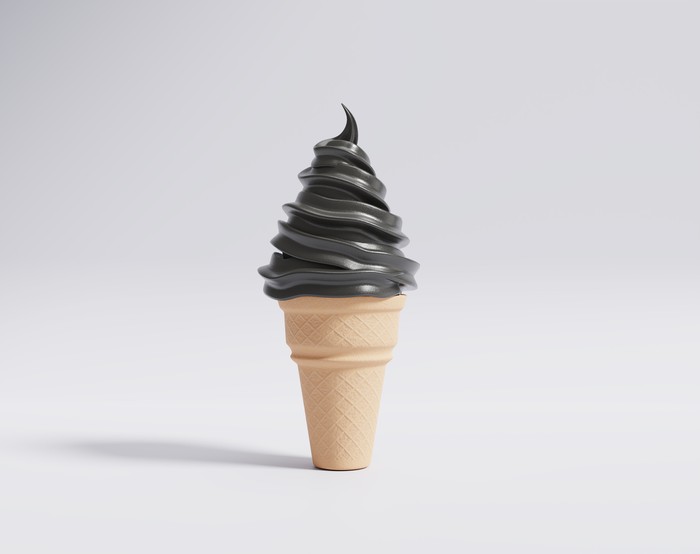 Squid ink soft cone ice cream, ice cream in waffle cone