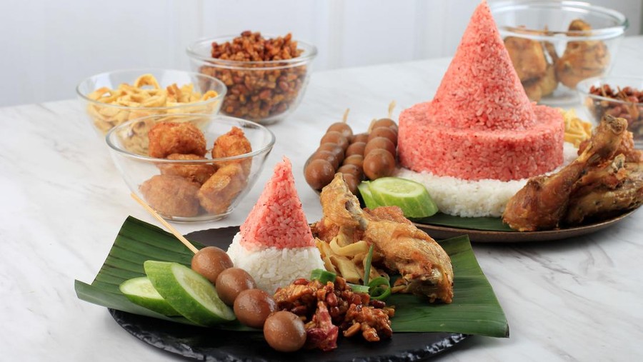 Red and White  Rice Called Nasi Tumpeng Same as Indonesian National Flag for Independence Day Celebration at 17 August