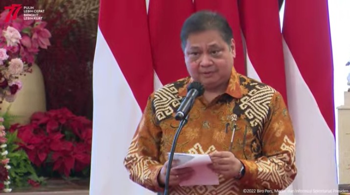 Menko Perekonomian Airlangga Hartarto Saat Pembukaan Rapat Koordinasi Nasional Pengendalian Inflasi Tahun 2022, Kamis (18/8/2022). (Tangkapan Layar Youtube Sekretariat Presiden)