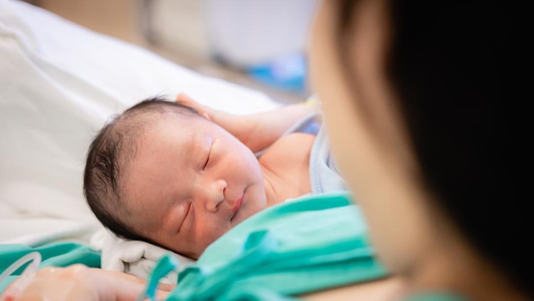 Ilustrasi Ari-ari Bayi Young mother holding her newborn baby who sleep first days of life at hospital, love and Mother’s Day concept.