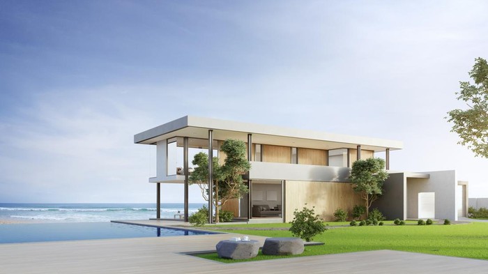 Empty wooden floor deck at vacation home. 3d illustration of contemporary holiday villa exterior.