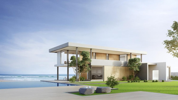 Empty wooden floor deck at vacation home. 3d illustration of contemporary holiday villa exterior.