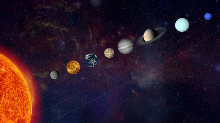 Ilustrasi Nama Planet di Sistem Tata Surya Solar System. Real textures for planets get from https://www.nasa.gov/