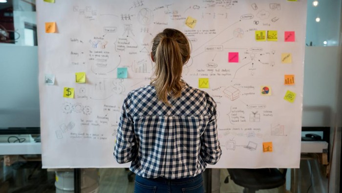 Woman sketching a business plan on a placard at a creative office