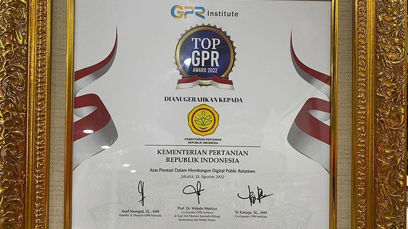 Kementerian Pertanian (Kementan) kembali meraih penghargaan Top Government Public Relations Award 2022 (TOP GPR 2022).
