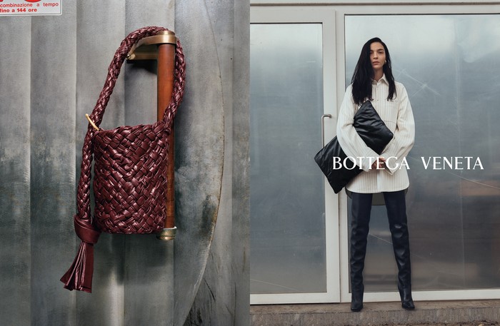 Kreasi tas lain yang menarik atensi adalah tas model bucket bag dalam konstruksi anyaman khas label Italia ini serta oversized clutch. Foto: Courtesy of Bottega Veneta